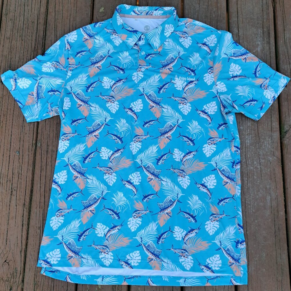 %SCALES Tropical Slam Short Sleeve Polo Aqua, Size Large Men